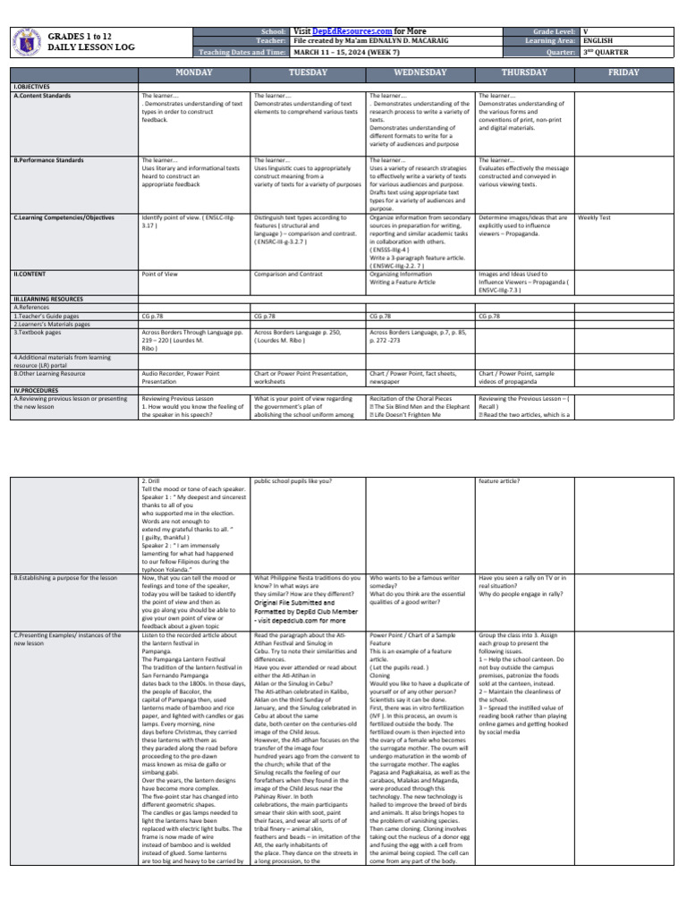 Grade 5 English Daily Lesson Plan | PDF