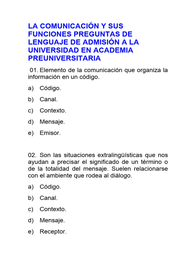 Preguntas de Comunicación para Admisión | PDF | Comunicación | Lingüística
