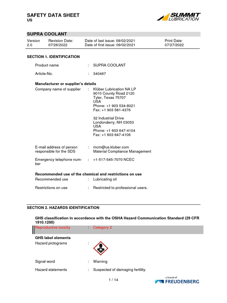 SDS Supra Coolant 340467 Us en PDF Occupational Safety And Health