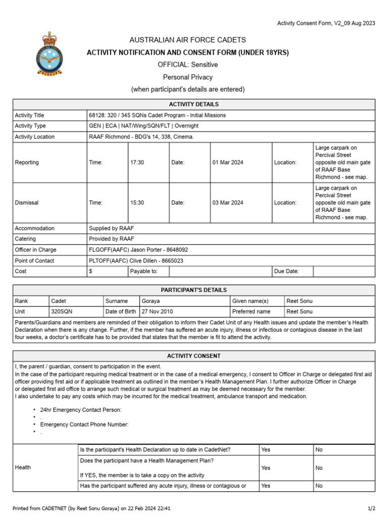 Cadet Program Consent Form - RAAF | PDF | Health Sciences | Medicine