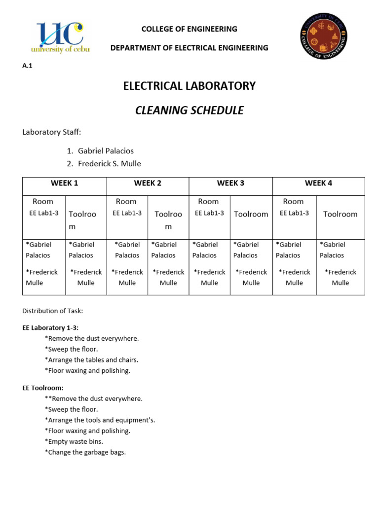 Electrical Laboratory Cleaning Schedule PDF