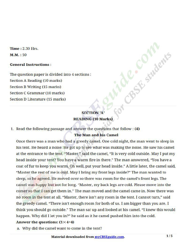 Class 8 English Sample Paper PDF