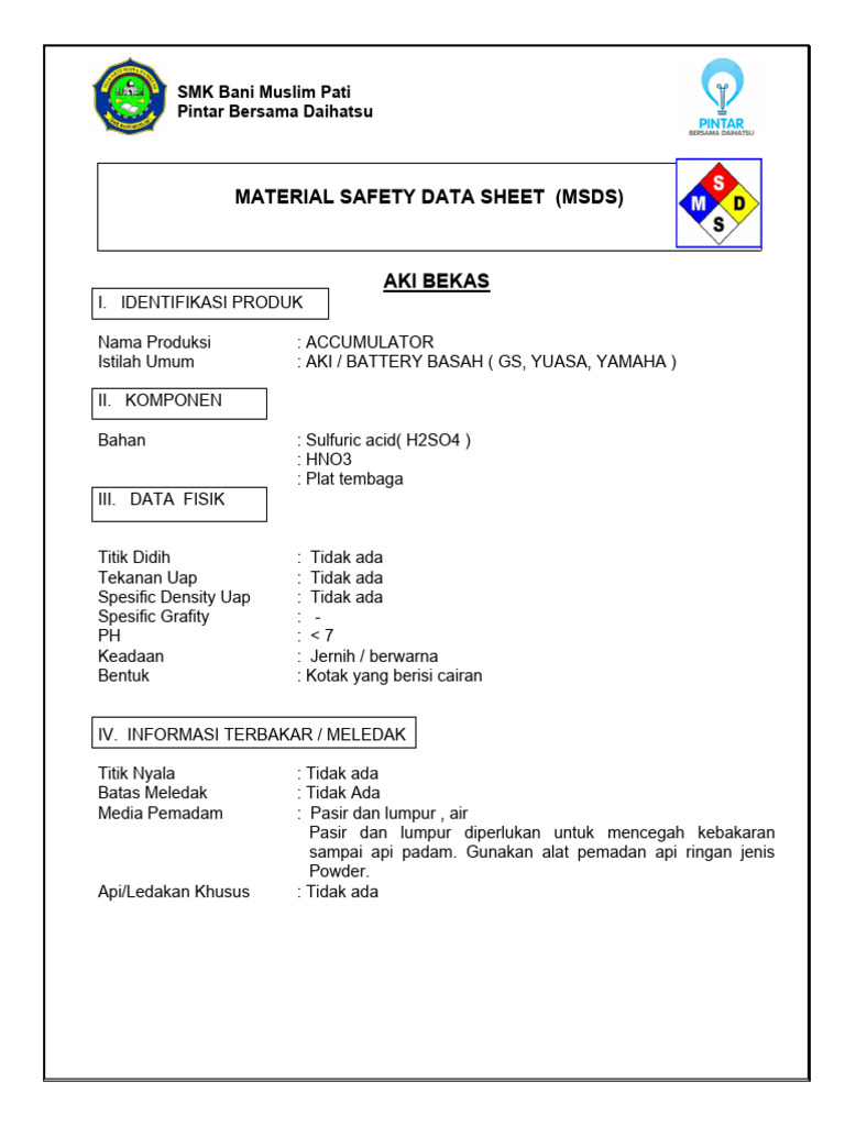 MSDS Aki Bekas dan Bahaya Kesehatan | PDF