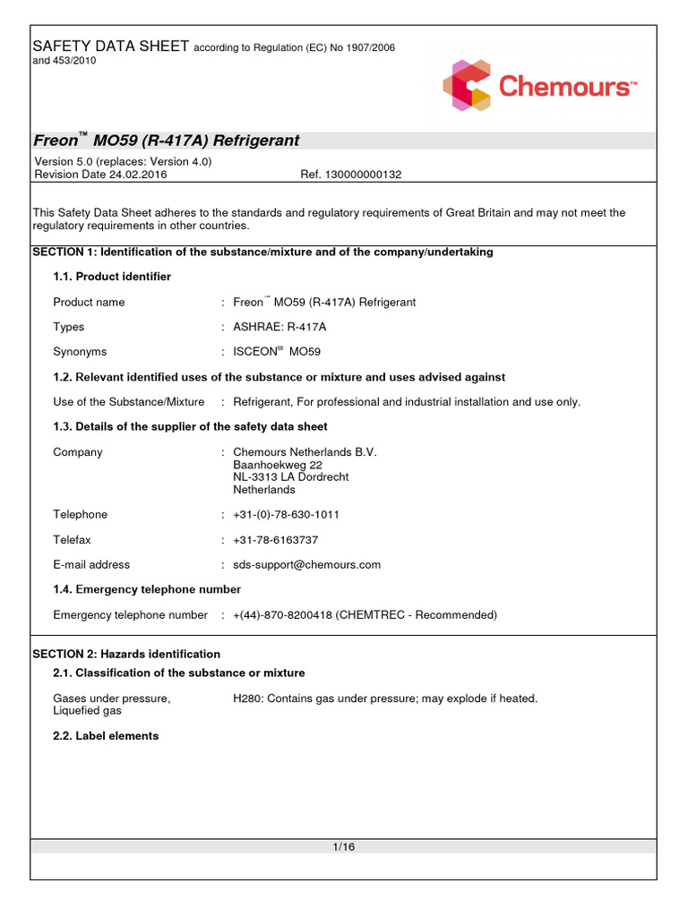 Freon MO59 R417A Refrigerant MSDS V5 Download Free PDF Chemical