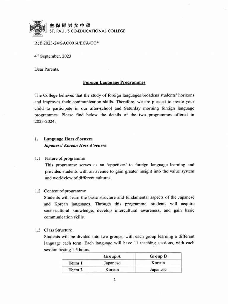 Foreign Language Programmes 2023-24 | PDF | Career & Growth | Foreign ...