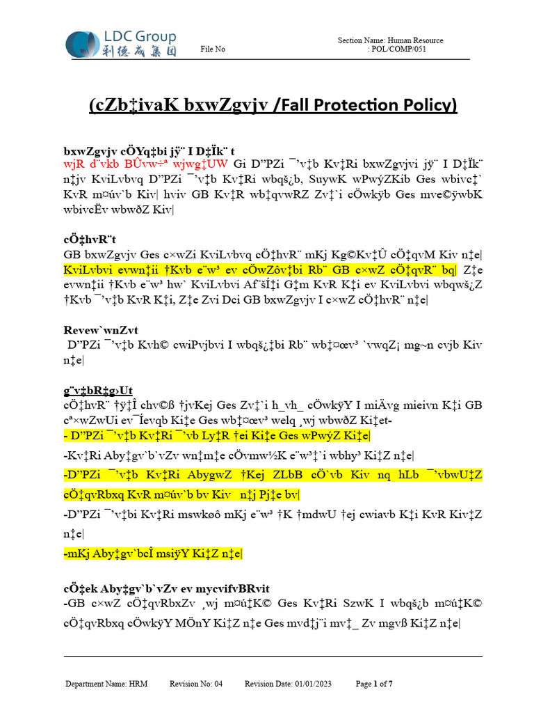 Fall Protection Policy or Higher Space Work Permit | PDF | Business ...