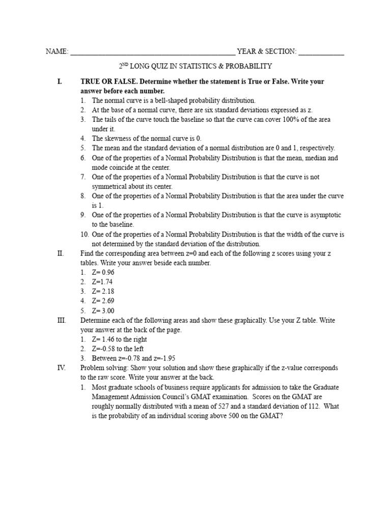 Statistics & Probability Quiz Guide | PDF
