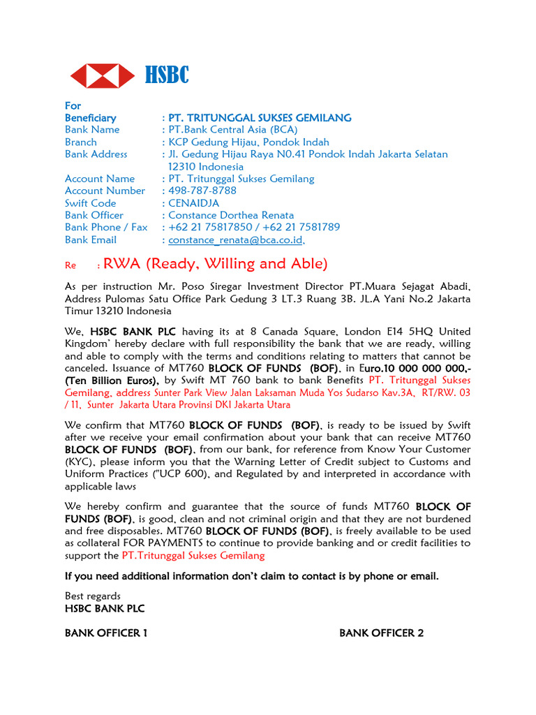 HSBC RWA Confirmation for Tritunggal | PDF