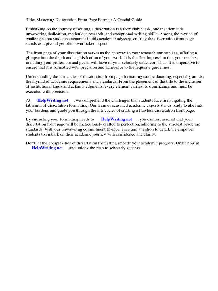 Dissertation Front Page Format | PDF | Thesis | Apa Style