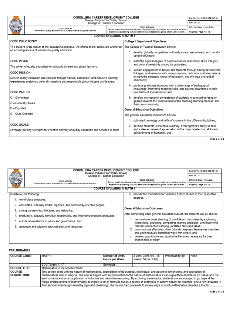 Math 1 2nd sem syllabus 2024 pdf learning mathematics
