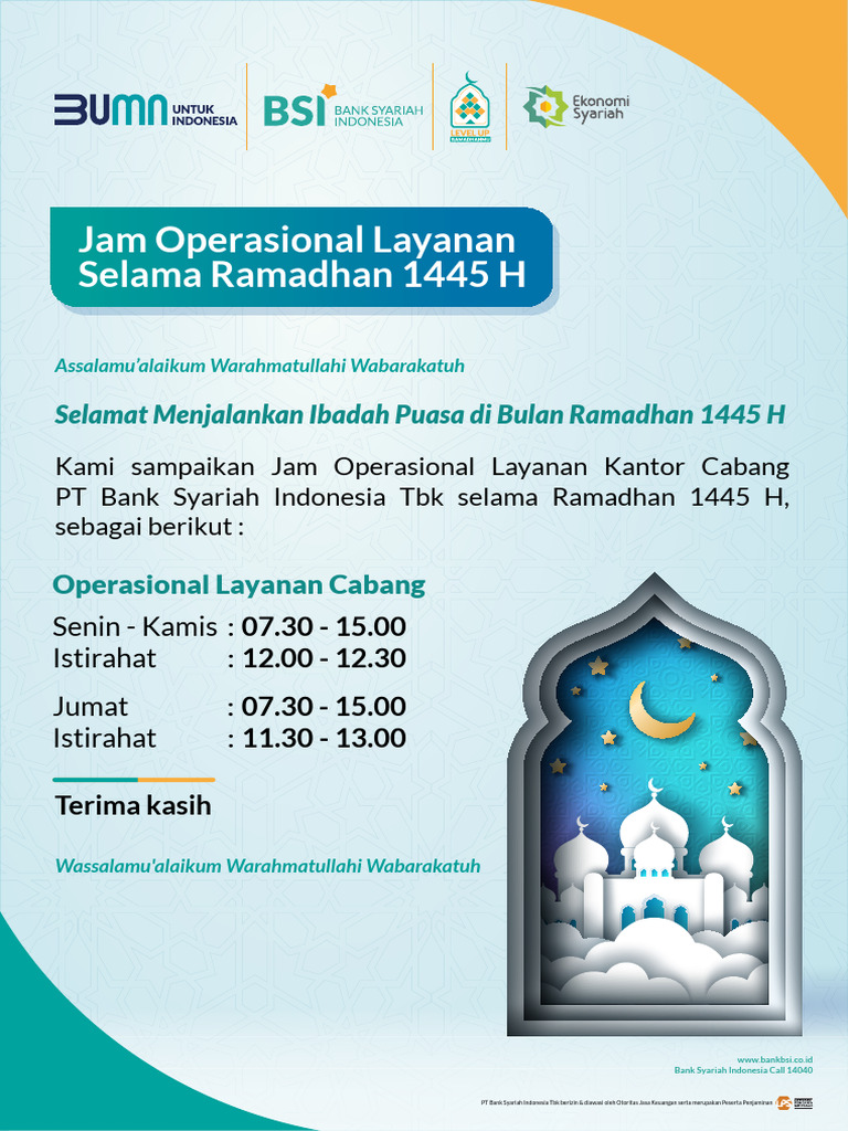 Jam Operasional BSI Selama Ramadhan | PDF