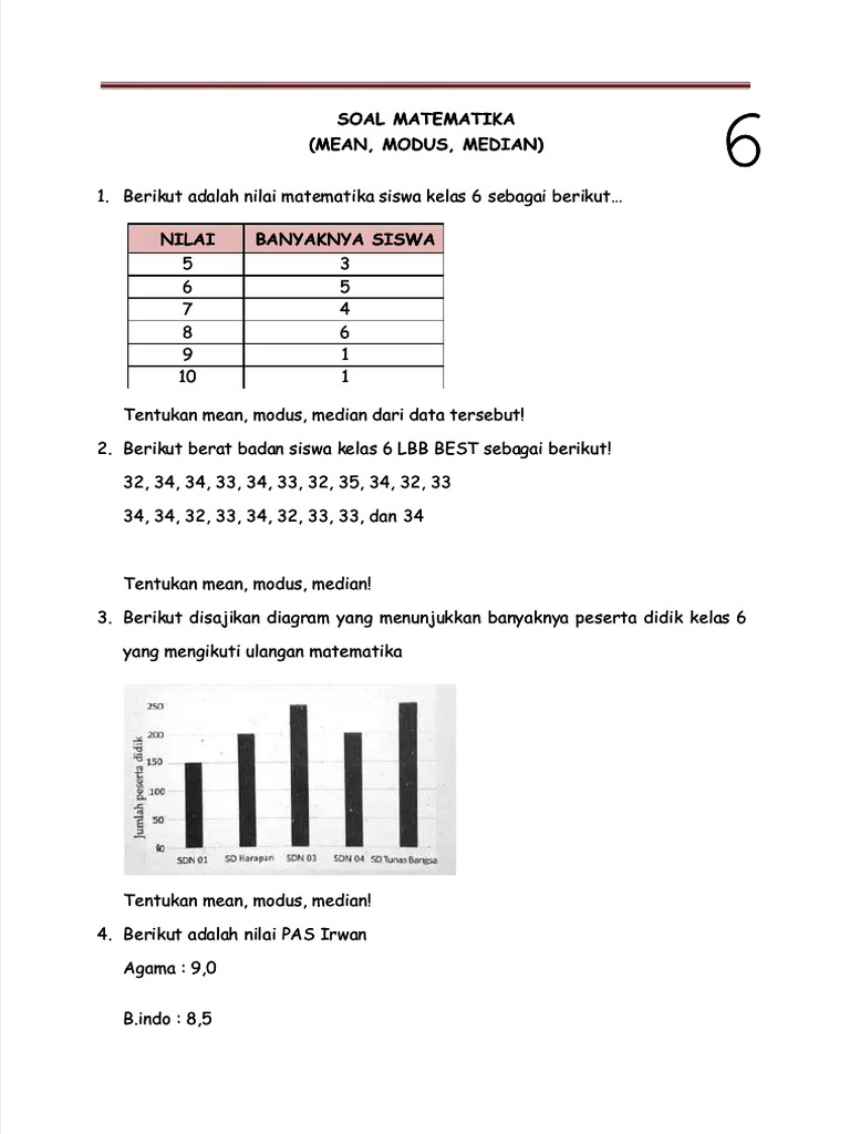 Soal Mean, Modus, Median Kelas 6 | PDF