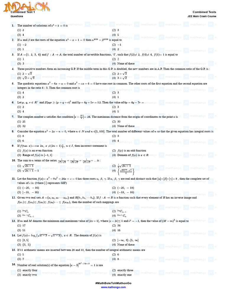 Math Problem Set for JEE Preparation | PDF | Mean | Function (Mathematics)
