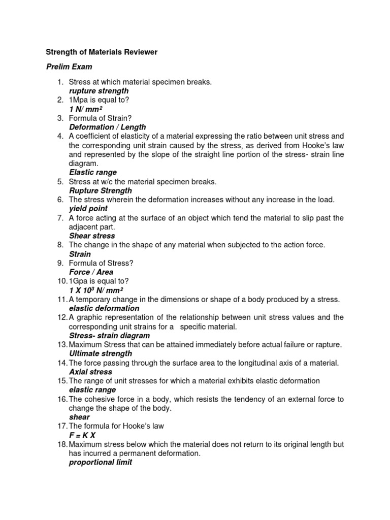 Strength of Materials Review Guide | PDF | Deformation (Engineering ...