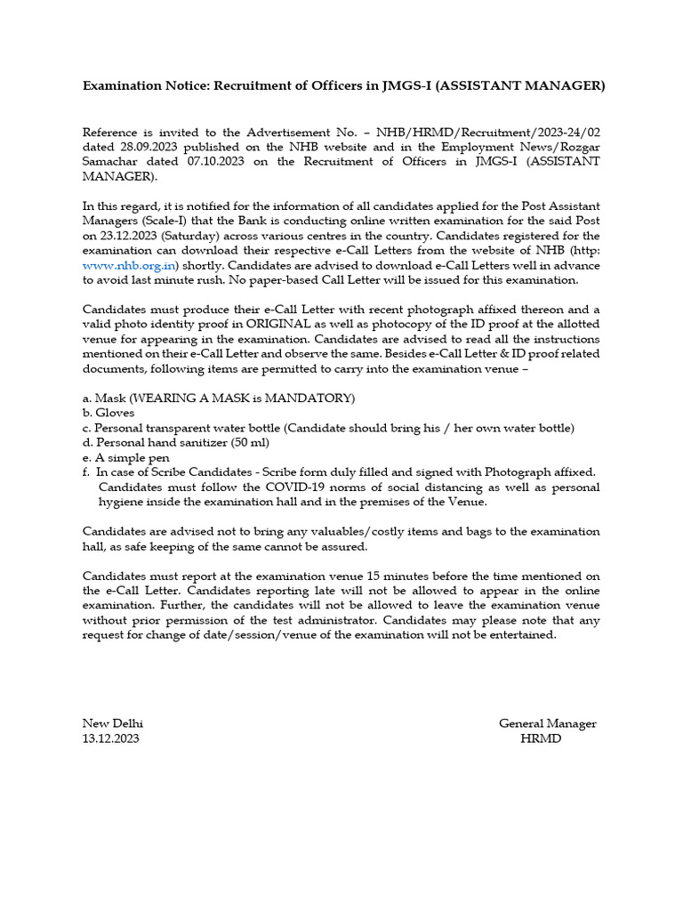 JMGS-I Assistant Manager Exam Notice | PDF