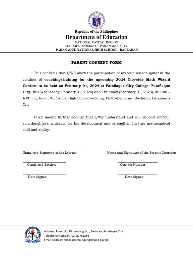 Parent Consent for Math Contest | PDF