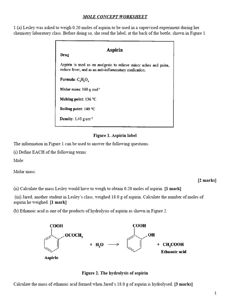 Mole Concept Worksheet and Calculations | PDF | Acid | Mole (Unit)