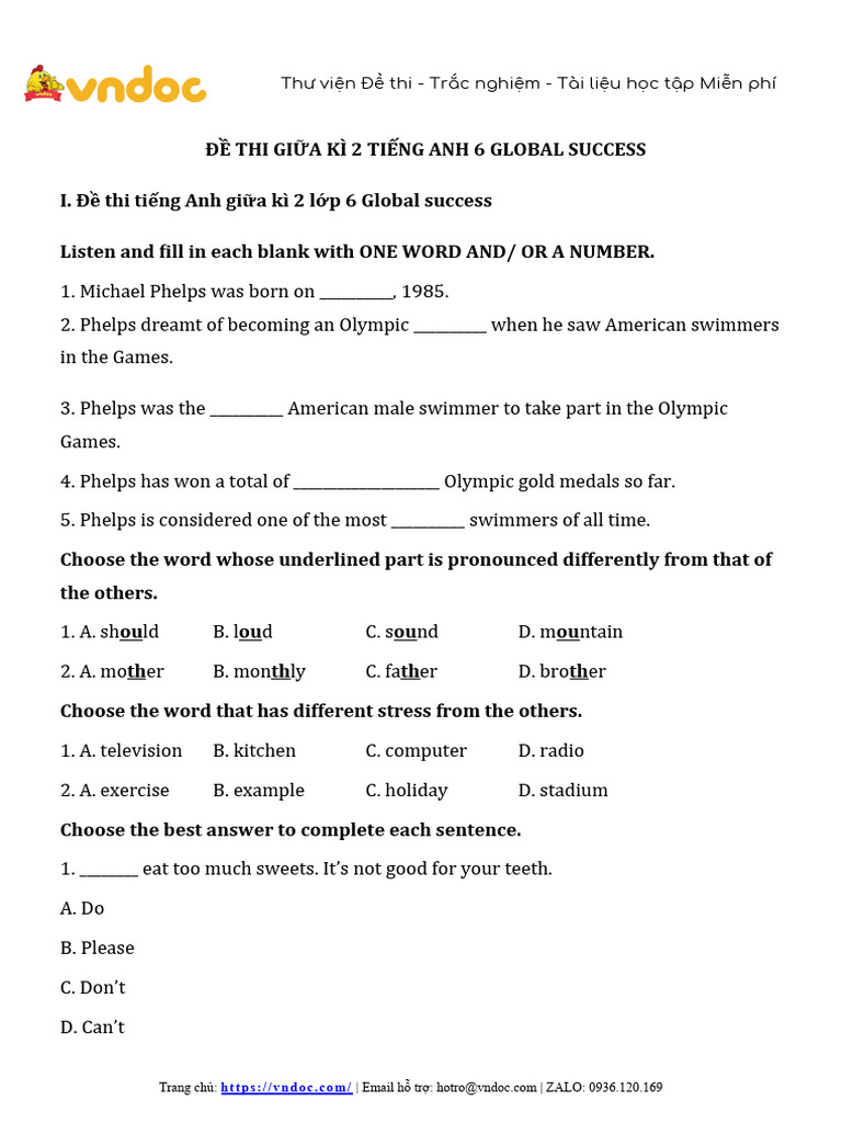 De Thi Tieng Anh Lop 6 Giua Hoc Ki 2 Global Success (1) | PDF | Vietnam