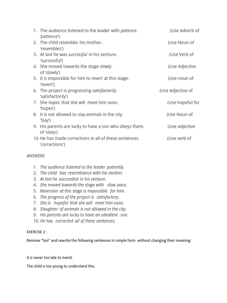 Parts of Speech Transformation Exercises PDF Adjective Adverb(02)