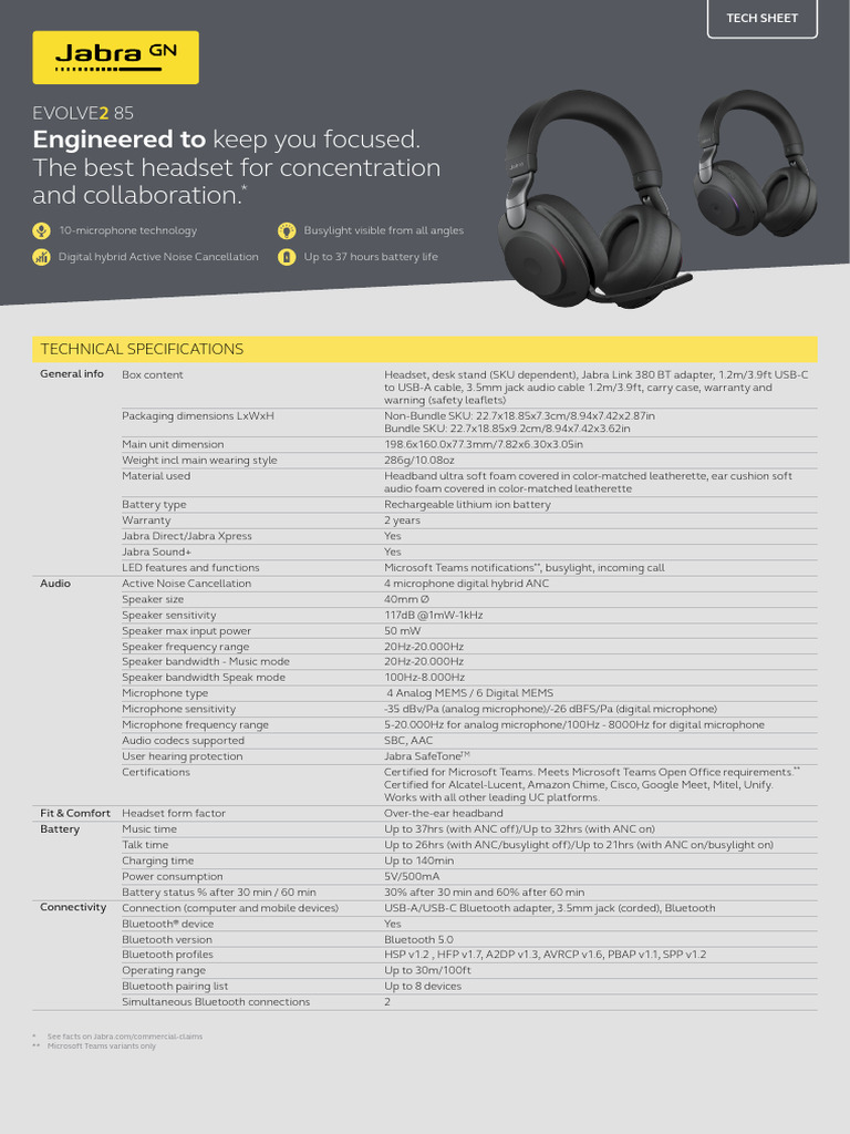 EN Jabra Evolve2 85 Techsheet A4 160223 - WEB | PDF | Microphone ...