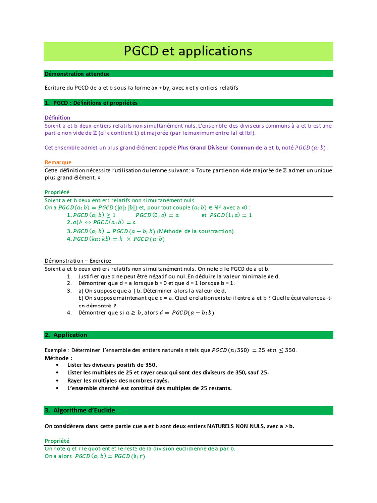 Définition et propriétés du PGCD | PDF | Division | Mathématiques ...