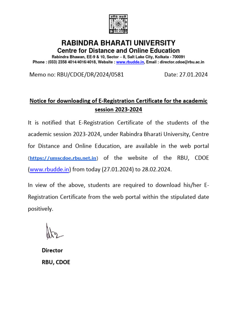 Notice For Downloading of E Registration Certificate For The Students ...