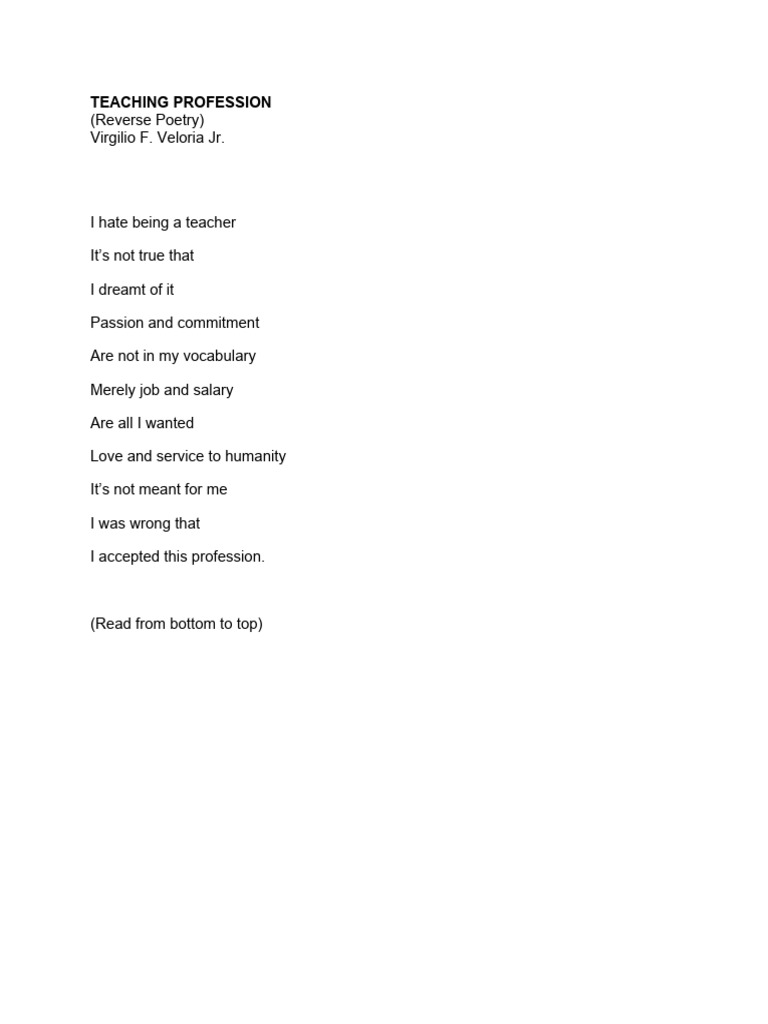 Virgilio Veloria-TEACHING PROFESSION-Reverse Poetry | PDF