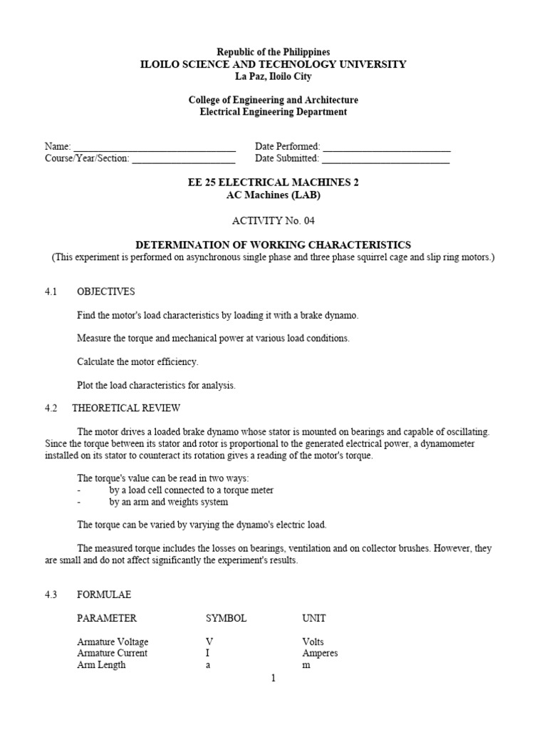 EE 25 LAB Activity 04 | PDF | Electric Motor | Electric Power
