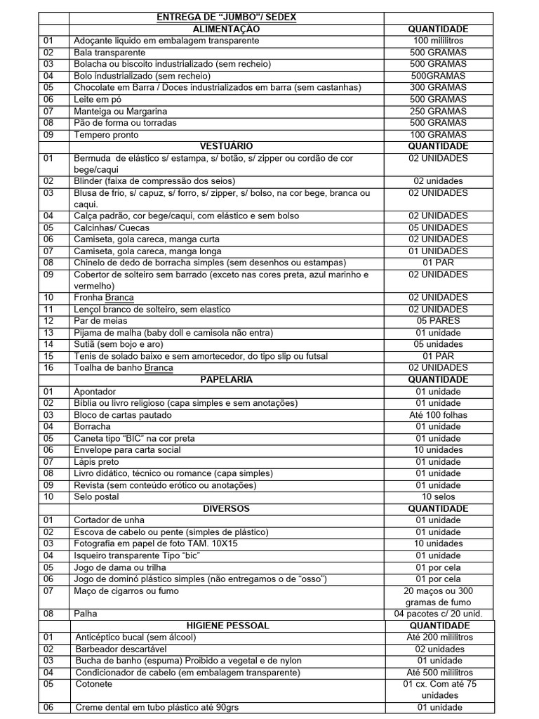 Lista de Jumbo e Sedex-8 | PDF