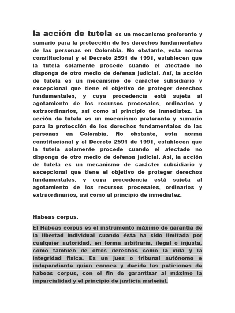 Mecanismos Legales de Protección en Colombia | PDF | Habeas corpus ...