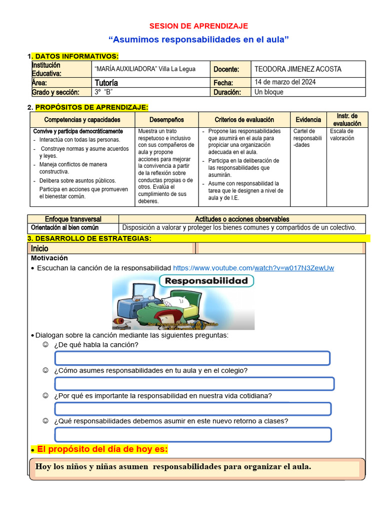 Responsabilidades en el Aula para Niños | PDF | Evaluación | Salón de ...