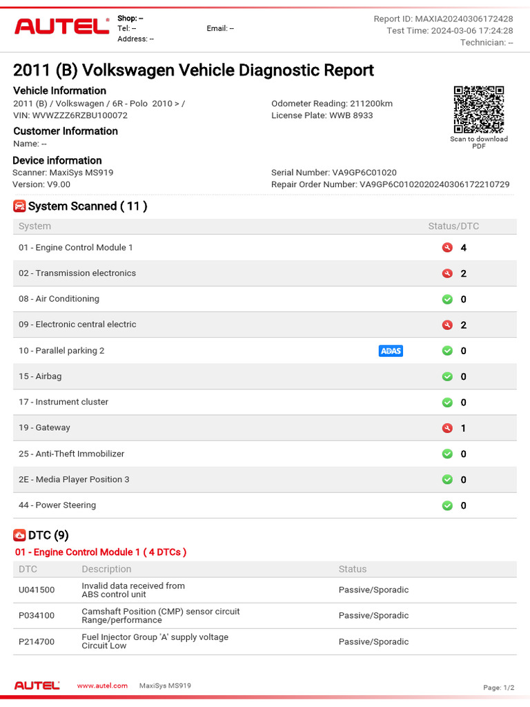 2011 (B) Volkswagen Vehicle Diagnostic Report - WVWZZZ6RZBU100072 ...