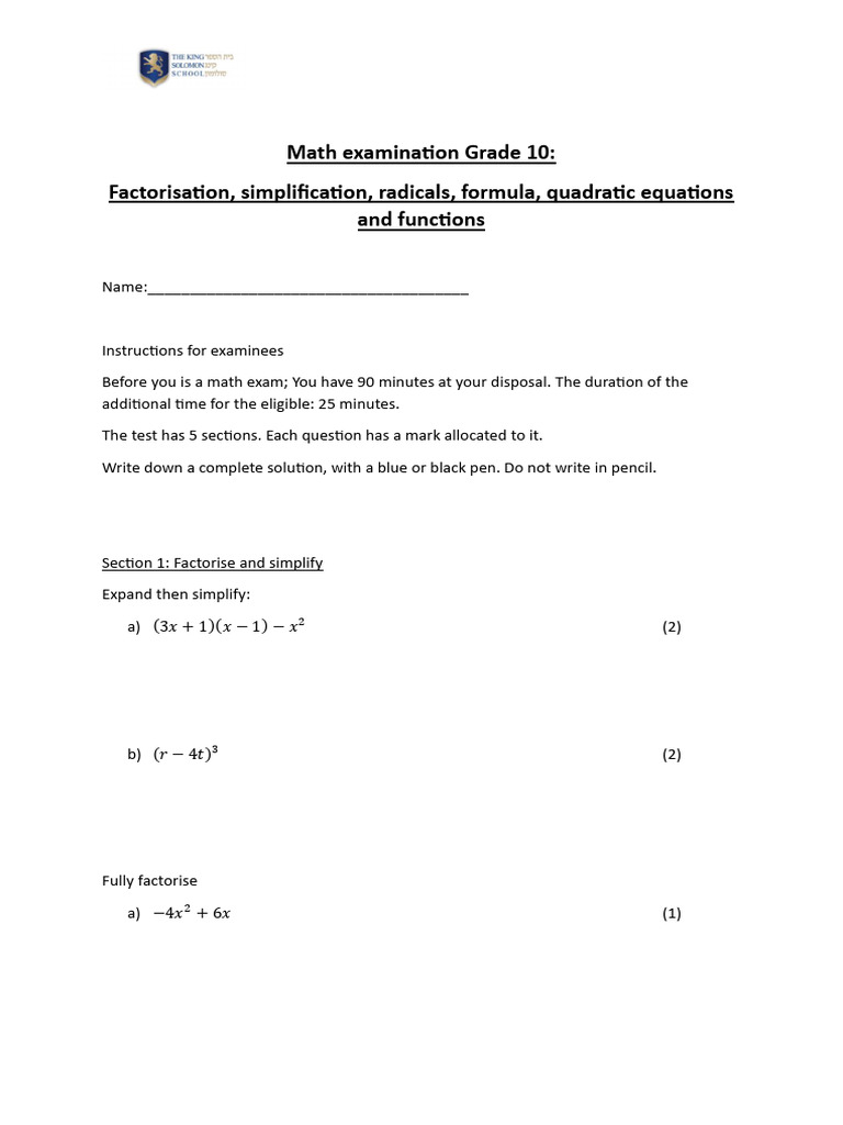Grade 10 Maths Exam: Factorisation & Functions | PDF | Function ...
