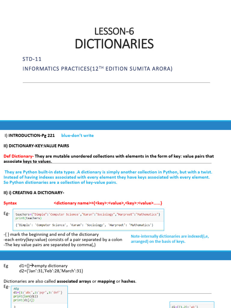 6) 11th LESSON 7 Dictionaries | PDF | Computer Programming | Software ...