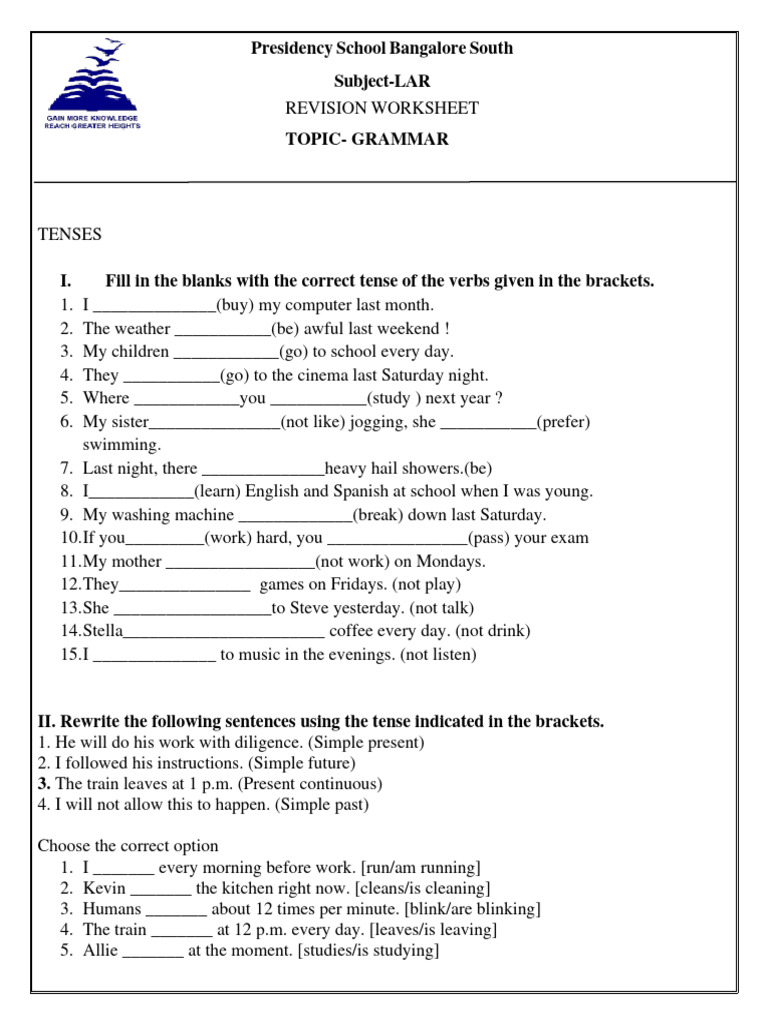 Grade 4 Grammar Revision Worksheet | PDF | Grammatical Tense | Linguistics