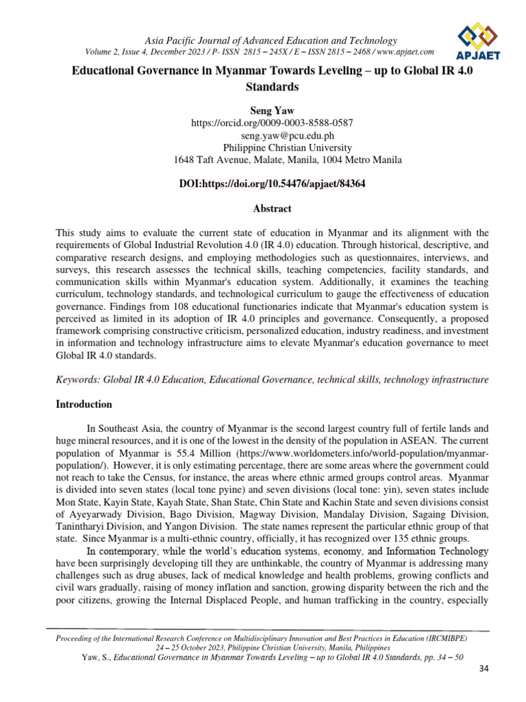 Educational Governance in Myanmar Towards Leveling Up To Global IR 4.