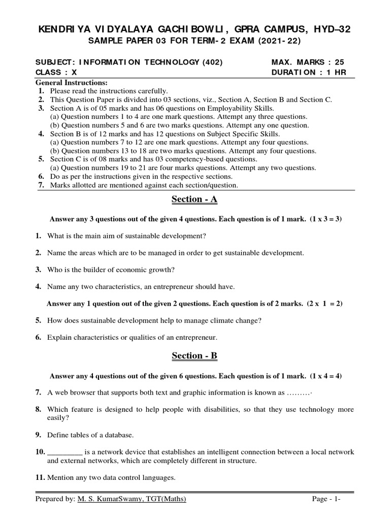 Class X IT Exam Sample Paper | PDF | Computer Network | Databases