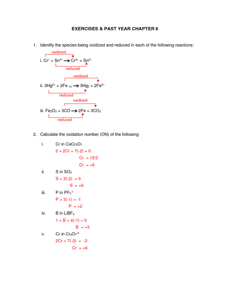 Oxidation-Reduction Reactions Exercises | PDF | Redox | Electrochemistry