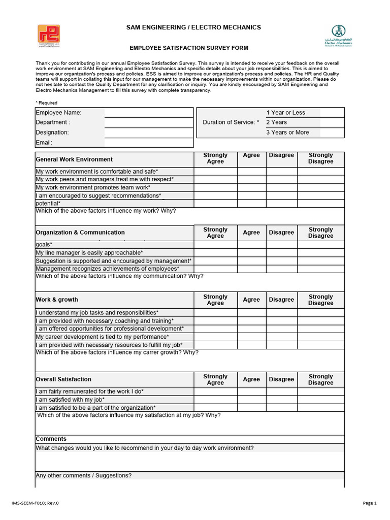 Employee Satisfaction Survey Form | PDF | Job Satisfaction | Employment