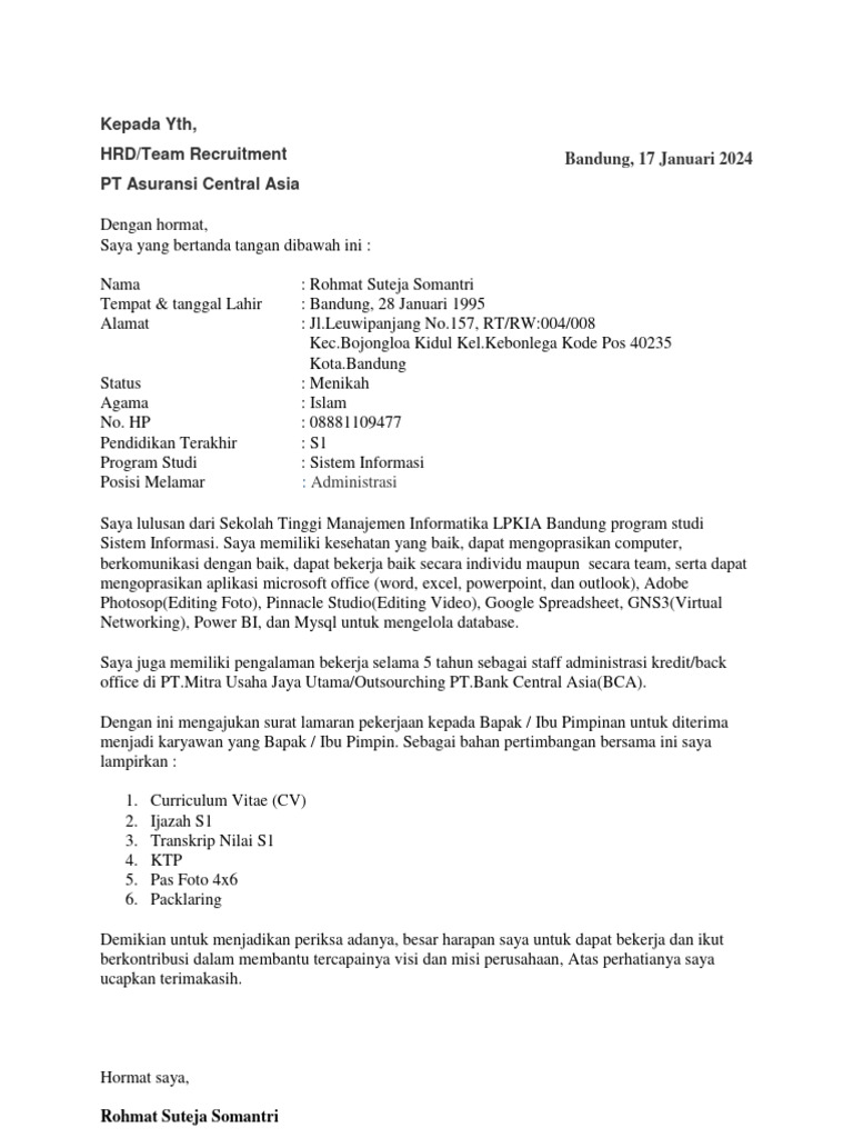 Surat lamaran pt asuransi central asia pdf
