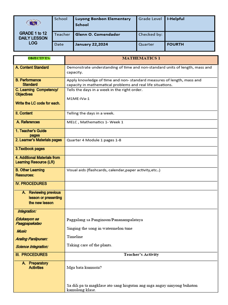 Grade 1 Daily Lesson Log: Week 1 Math | PDF