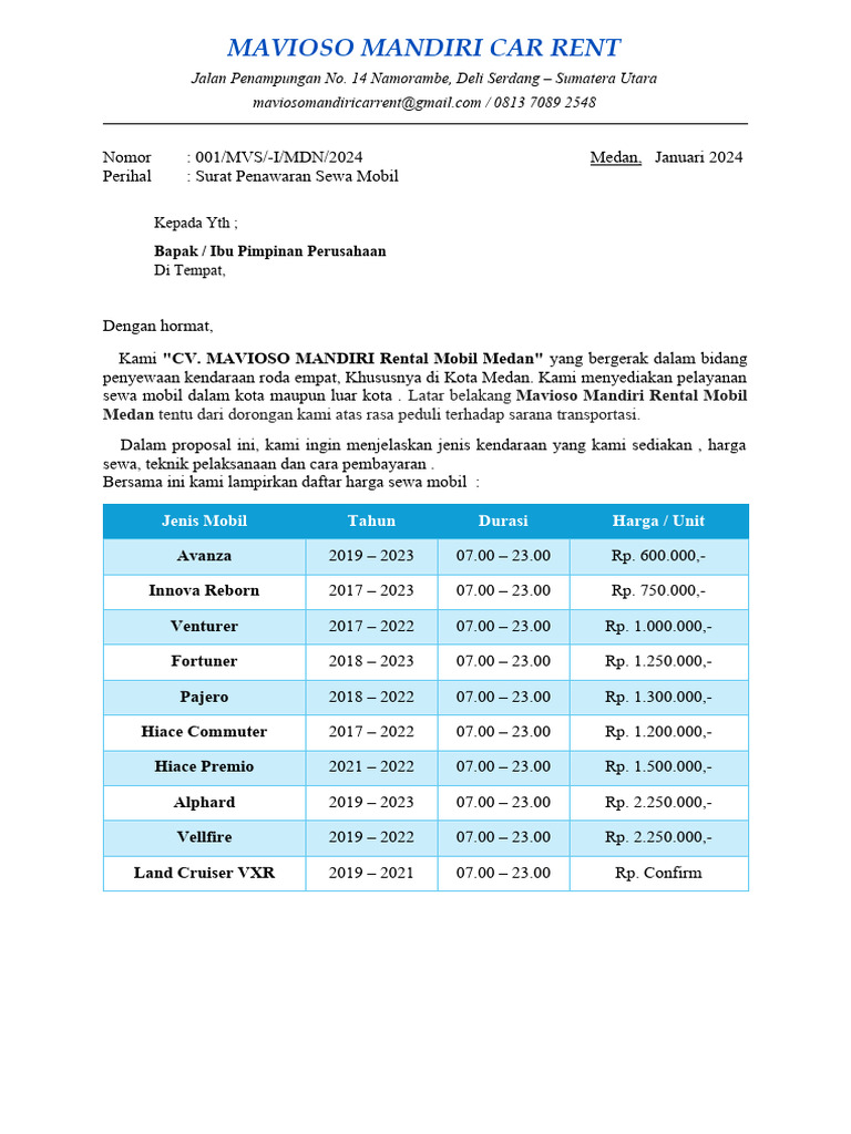 CV - Mavioso Mandiri Rent Car To PT. Permata Garaha Nusantara | PDF