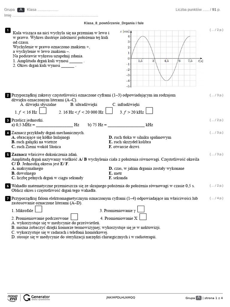 Drgania I Fale Klasa 8 Wzory Klasa - 8 - Powtórzenie - Drgania I Fale Test (Z Widoczną Punktacją) | PDF