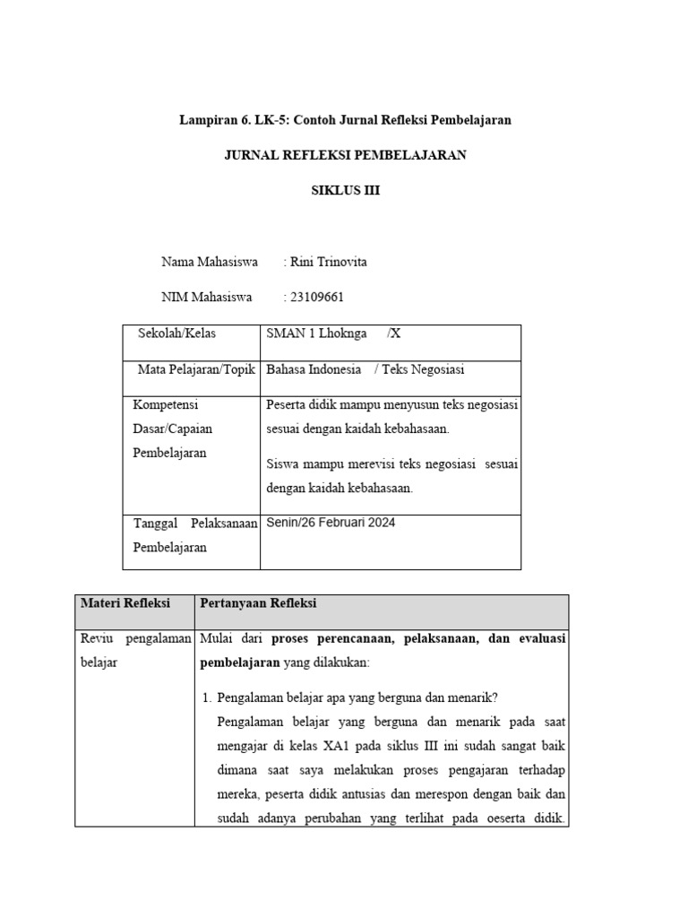 Contoh Jurnal Refleksi Pembelajaran | PDF | Karier & Perkembangan