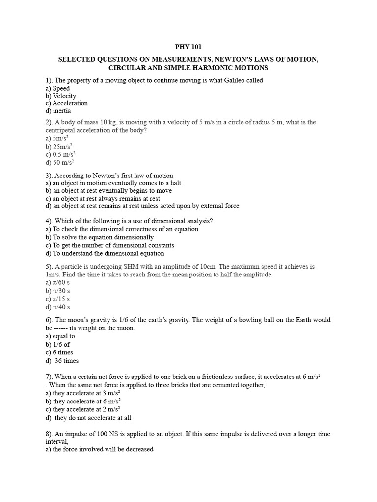 PHY 101 Questions | PDF | Acceleration | Force
