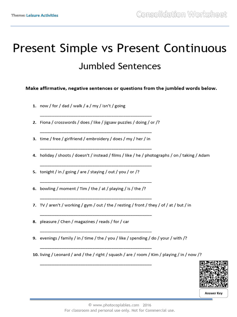 Present Simple Vs Present Continuous Jumbled Sentences