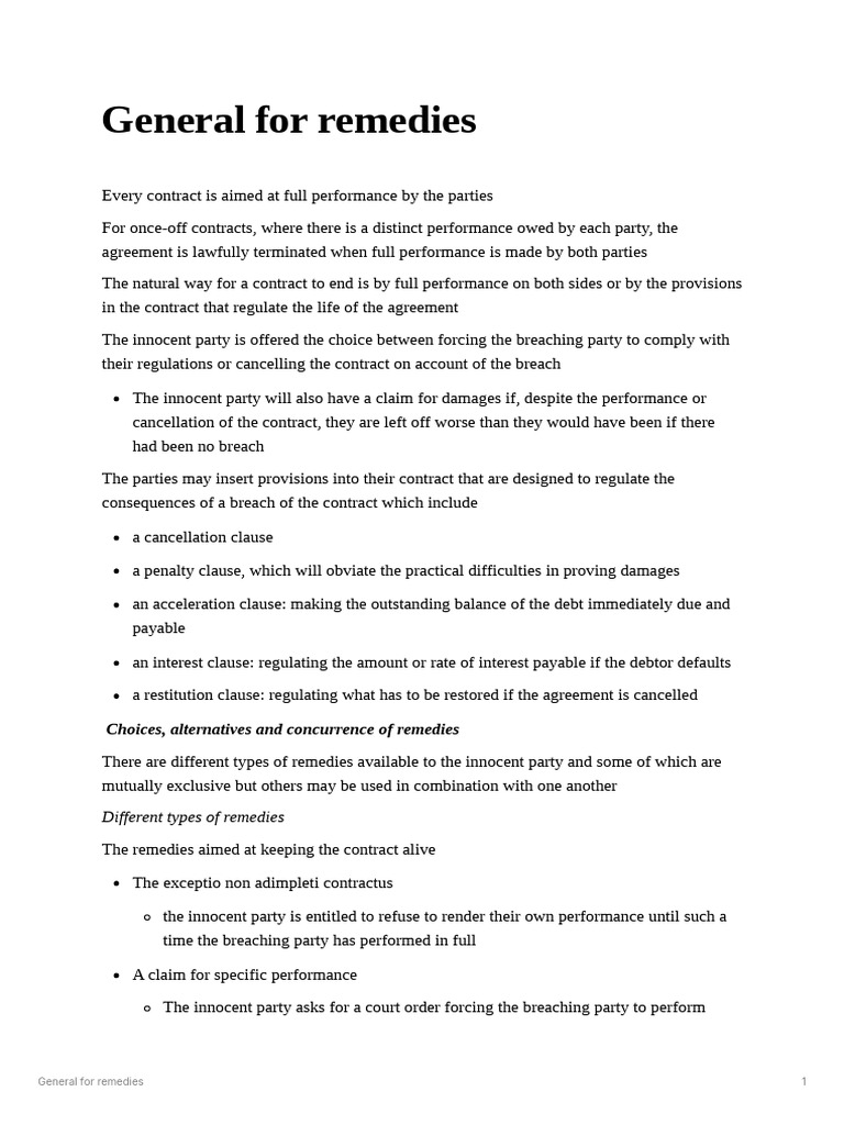 General For Remedies | PDF | Breach Of Contract | Legal Remedy