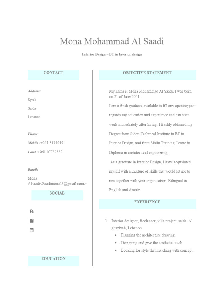 Mona Mohammad Al Saadi CV | PDF | Interior Design