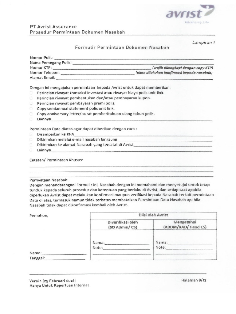 Avrist Form Permintaan Dok Nasabah | PDF