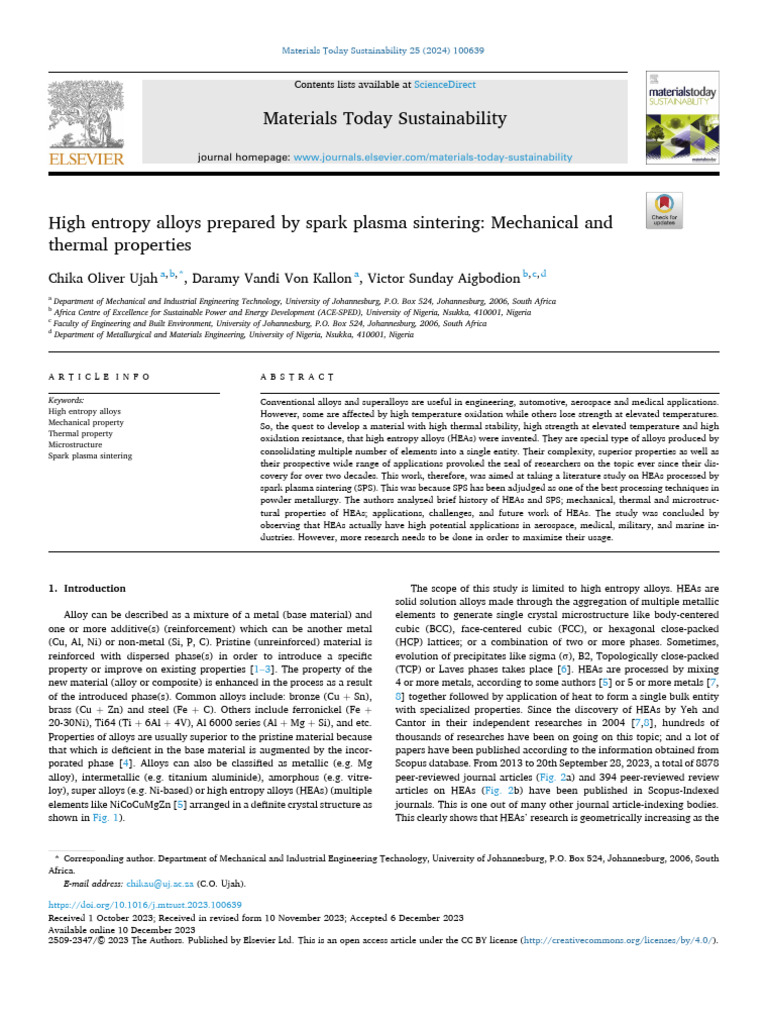 High Entropy Alloys Prepared by Spark Plasma Sintering - Mechanical and ...